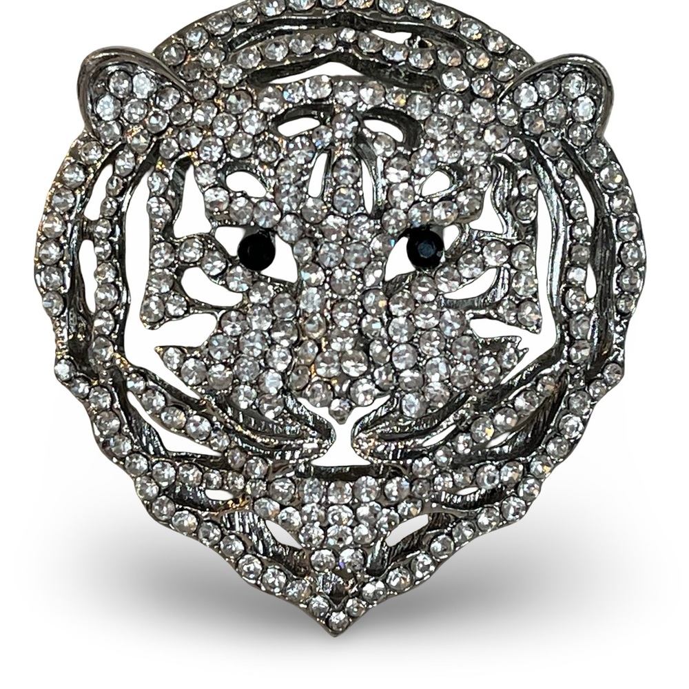Large Silver Crystal Tiger Face Statement Pendant… - image 2